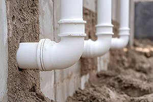 Pipes Running From A Concrete Wall And Buried In Dirt. Focus On Indoor Plumbing Infrastructure And Construction Elements. Horizontal Shot.