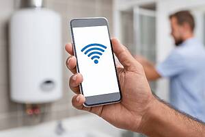 Hand Holding Phone Displaying Wifi Symbol, Man In Background, Bathroom Setting With Water Heater Visible.