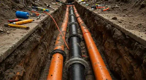 Trenched construction site with orange and black pipes laid in a trench, surrounded by tools and soil
