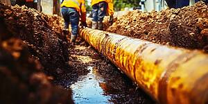 Construction workers in orange safety gear standing over a large yellow underground pipe in a muddy trench.
