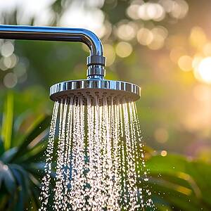 Outdoor showerhead spraying water in a sunlit garden setting