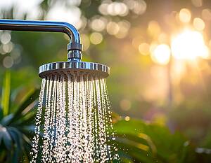 Close-up of chrome outdoor showerhead spraying water with sunlit bokeh in the background.